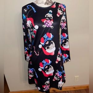 Christmas Pug Printed Long Sleeve Dress, Medium